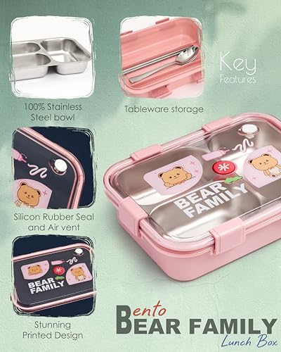 Image of Brand Conquer Lunch Box Leak-Proof BPA Free Stainless Steel for School, Lunch Box for School & Office with a Fork, a Spoon and a Pair of Chopsticks (Pink, Bear Family 3 Compartment)
