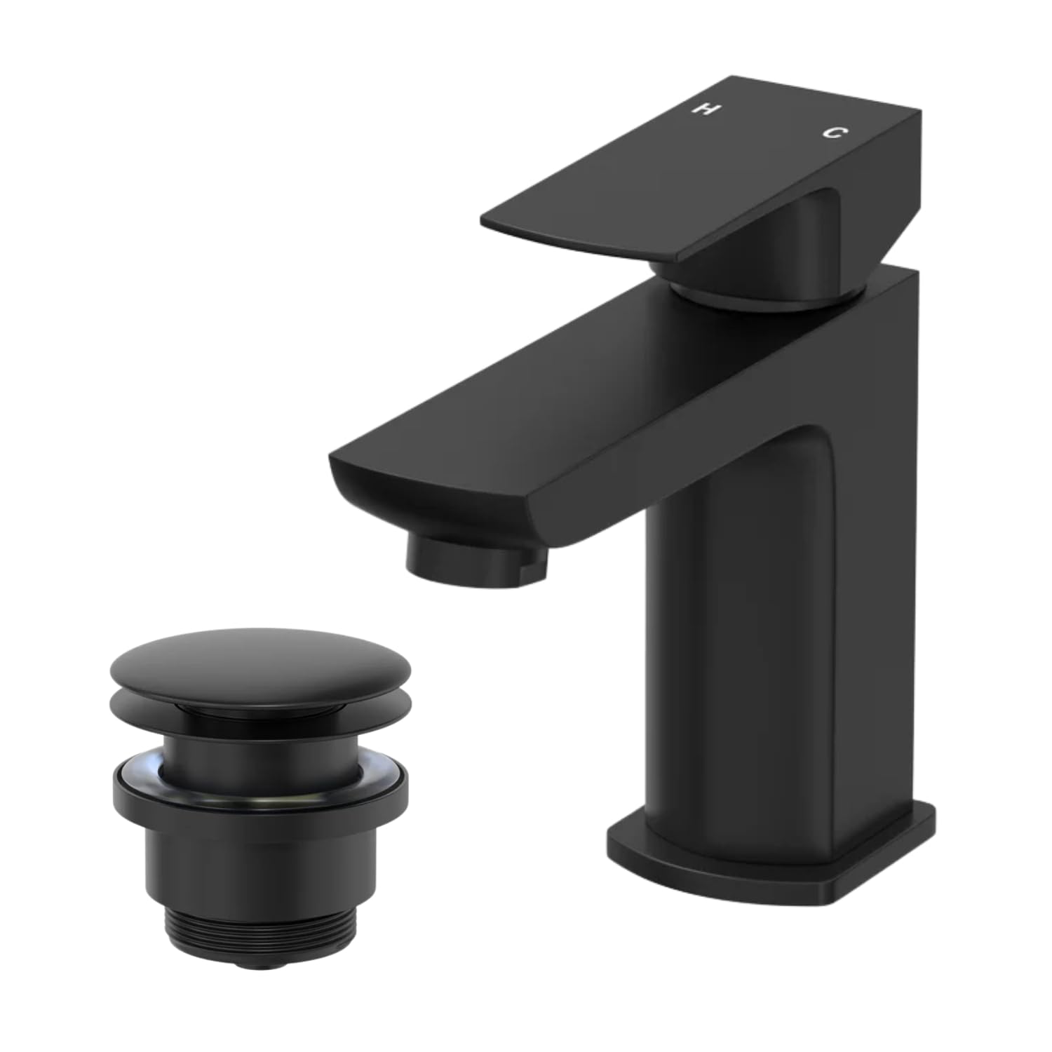 Architeckt® Matera Bathroom Cloakroom Mini Basin Sink Mixer Tap and Waste Set Deck Mounted Square Single Lever Handle Modern, Matt Black