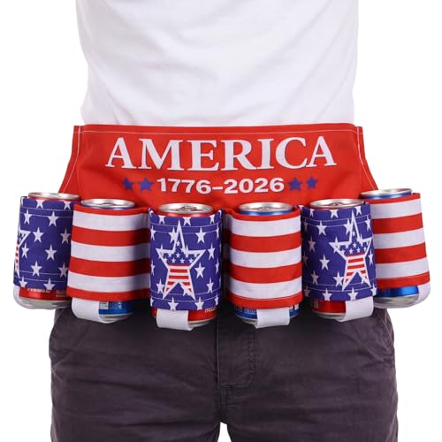 Kisston 6 Pack Americana 250th Anniversary Beer Belt USA Patriotic Beer Belt Holder for Men 4th of July Independence Day Memorial Day 250 Year Party Supplies