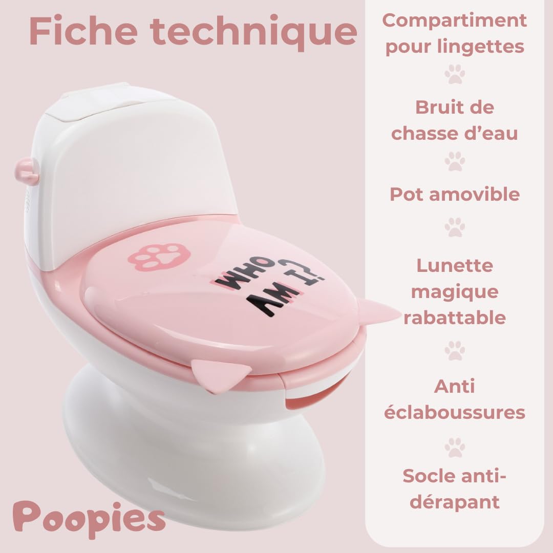 Pot bébé toilette Chat | Vrai bruit de chasse d'eau | Apprentissage proprété | Toilette enfant | Animaux (Rose)