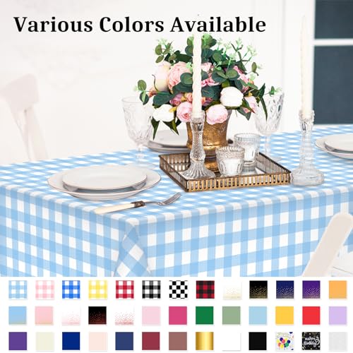 Image of 12 Pcs Light Blue Checkered Tablecloth 54 x108 Inches Rectangle Blue Gingham Tablecloth Disposable Plastic Waterproof Table Cover for Outdoor Picnic, Kitchen, Holiday Birthday Party