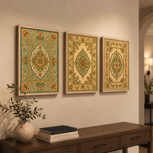 Image of Livin'luxe Set of 3 Vintage Persian Pattern Wall Paintings for Living Room Bedroom Hallway Home Decor with Premium Wooden Color Synthetic Frame (25.5 x 19.5 Inch) NM03-69