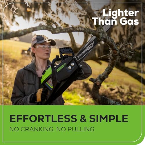 Image of Greenworks 60V 16 inch Brushless Cordless Chainsaw (42 CC Gas Equivalent, Auto Oiler, Chain Brake), 2.5Ah Battery, Charger + Bonus 4.0Ah Battery