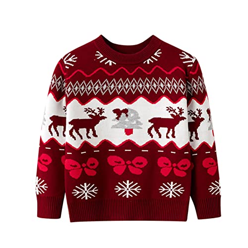 RNTOP Toddler Baby Boys Girls Christmas Sweater Long Sleeve Pullover Reindeer Crewneck Knitted Jumper (Wine, 3-4 Years)