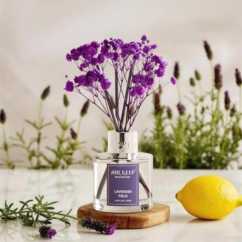 Image of Airkeep Reed Diffuser Set,1.69 fl oz (50 ml) - Lavender Field Oil Diffusers with 8 Reed Sticks,Home Fragrance Reed Diffuser for Bathroom Shelf Decor