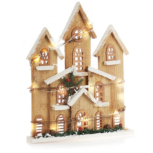 com-four Decoração natalícia – casa de madeira para apoiar com luz LED, iluminada, decoração de mesa [seleção variada!] (01 unidade, branco)