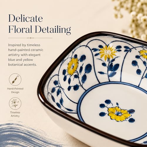 Image of Japanese Ceramic Snack Bowl Set of 6 | 200ml Small Serving Bowls for Dips, Soy Sauce, Chutney & Snacks, Hand-Painted Floral Design, Microwave & Dishwasher Safe (Kyoto Vine)