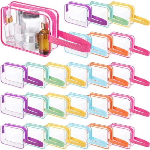 Silkfly 24 Pack Vibrant Color Clear Toiletry Bag PVC Travel Cosmetic Bag with Handle Strap Makeup Pouch with Zipper for Women Summer Vacation Salon Teacher Gift