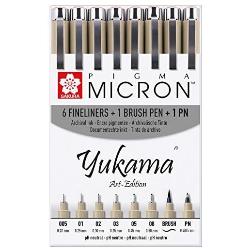 Yukama Sakura Pigma Art-Edition - Juego de rotuladores de punta fina (8 unidades, 6 rotuladores Pigma Micron, 1 pincel Brush y 1 Pigma PN)