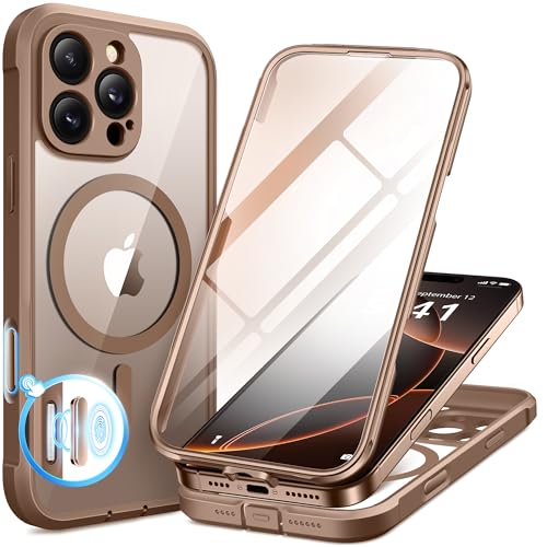 BERFY for iPhone 16 Pro Max Case Compatible with MagSafe Built-in Glass Screen Protector Camera Protection Shockproof Full Body Phone Case 6.9 Clear Desert Brown