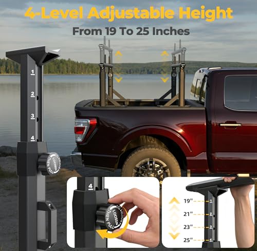 Image of TRUMGETA Adjustable Aluminum Truck Ladder Rack Fit for F150 Silverado Ram Sierra, Clamp-On No Drill Installation, Heavy Duty 1100 LBS Load Capacity, Truck Bed Rack for Ladders, Kayaks, Bikes