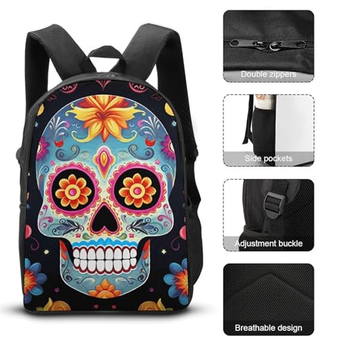 3Pcs Sugar Skulls Printed Backpack for Lightweight High-capacity Backpack With Lunch Bag Pencil Bags3