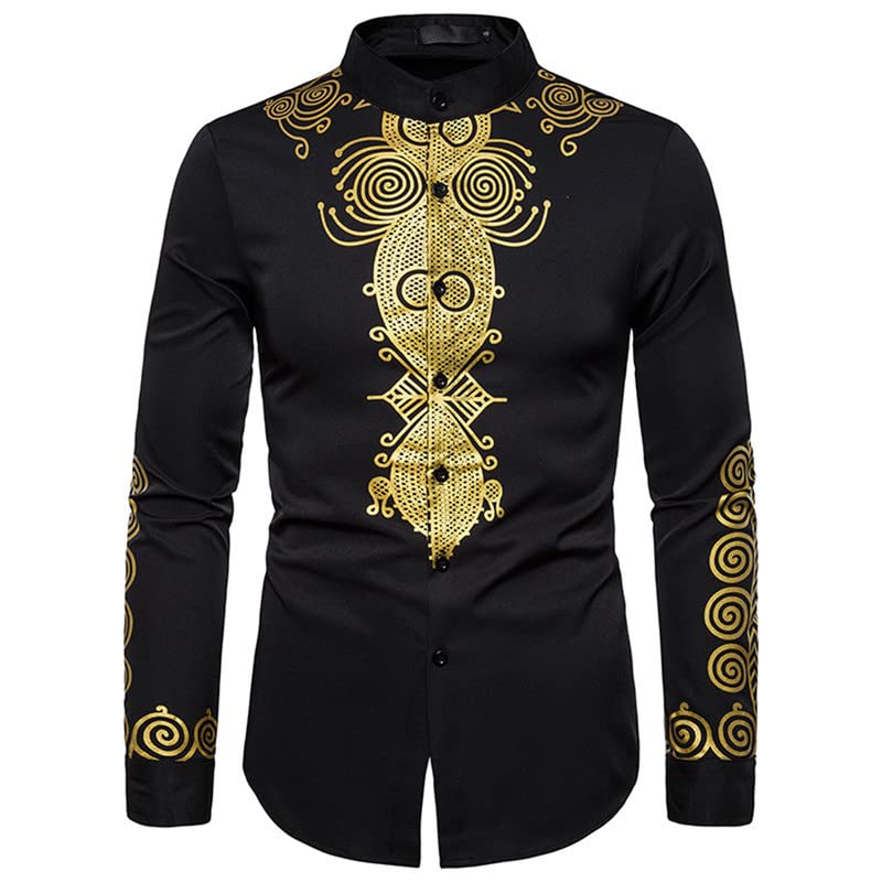 Men's African Luxury Gold Printed Button up Dress Shirt Mandarin Collar Long Sleeve Dashiki Button Down Shirt2