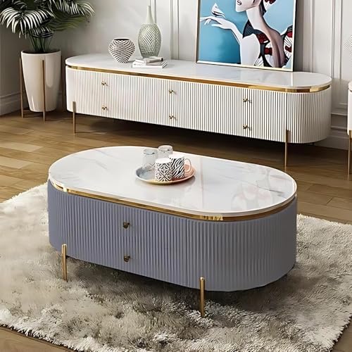 Image of Tesla Centre Table, White Marble Top with Gold Trim, Oval Modern Coffee Table with 2 Drawer Storage, Waterproof Plywood Base, PVD Metal Legs, for Living Room (Grey)