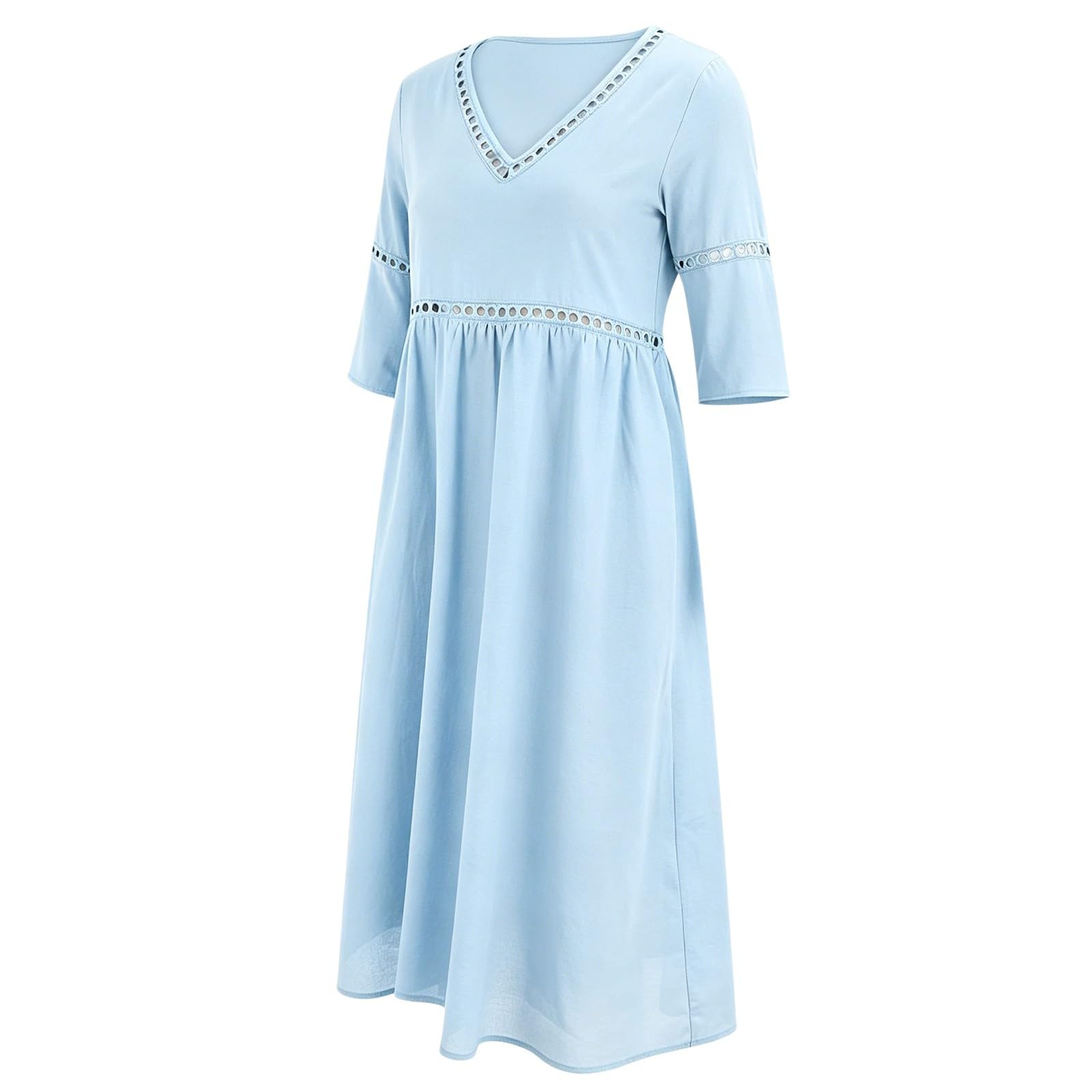Generisch Sommerkleid Damen Lang,3/4 Ärmel Lochstickerei Musselin Locker Boho Kleid Sommer Strandkleid Elegant Baumwolle Leinenkleid V Ausschnitt Mode Maxikleid Leicht und Luftig Freizeitkleid