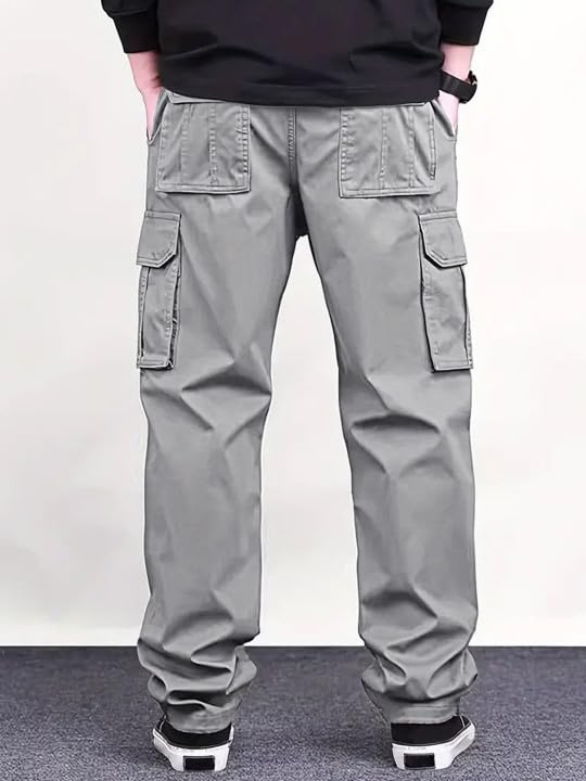 Image of Men's Cotton Cargo Pants for Men | Relaxed Loose Fit Drawstring Waist Cargo Trousers | Multi Pocket Casual Utility Pants for Outdoor, Travel