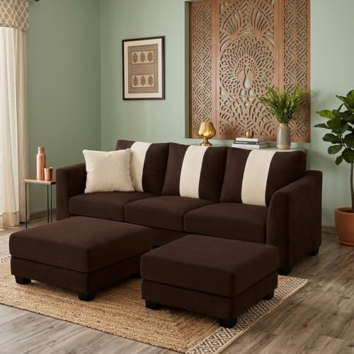 Image of Vero 5 Seater L Shape Sofa Set with 2 Movable Ottomans | Flexible Layout | Luxury Velvet Suede Fabric | Modern Living Room Sofa | Dark Brown
