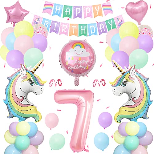 7 Ans Decoration Anniversaire Licorne Fille,Kit Pastel Ballon Licorne Anniversaire Fille avec Bannière de Joyeux Anniversaire,Ballons Licorne,Géants Ballons Numéro 7 pour Bébé Filles Anniversaire Deco Cover