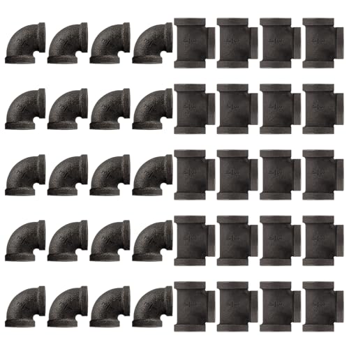 Niubid 30 Pack 1/2 Inch Cast Iron Pipe Fittings (10 Elbows, 10 Tees, 10 Flange), DIY Steampunk...