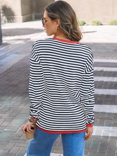 Image of LILLUSORY Womens Striped Soft Knit Pullover Sweater Loose Fit Shirts with Chest Pocket