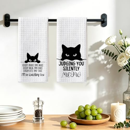 Image of Hanamiya Na 2Pcs Funny Cat Kitchen Towels 24x14 Inch, Reusable Durable Microfiber Dish Towel, Funny Quotes Tea Towels for Kitchen Home Bathroom Farmhouse Decor, Cat Gifts for Women Mom Friend