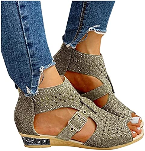 Sandals for Women Casual Summer Wedge Espadrilles Sandals Ankle Strap Open Toe Beach Boho Sandals Roman Shoes,Gold,US7/EU38