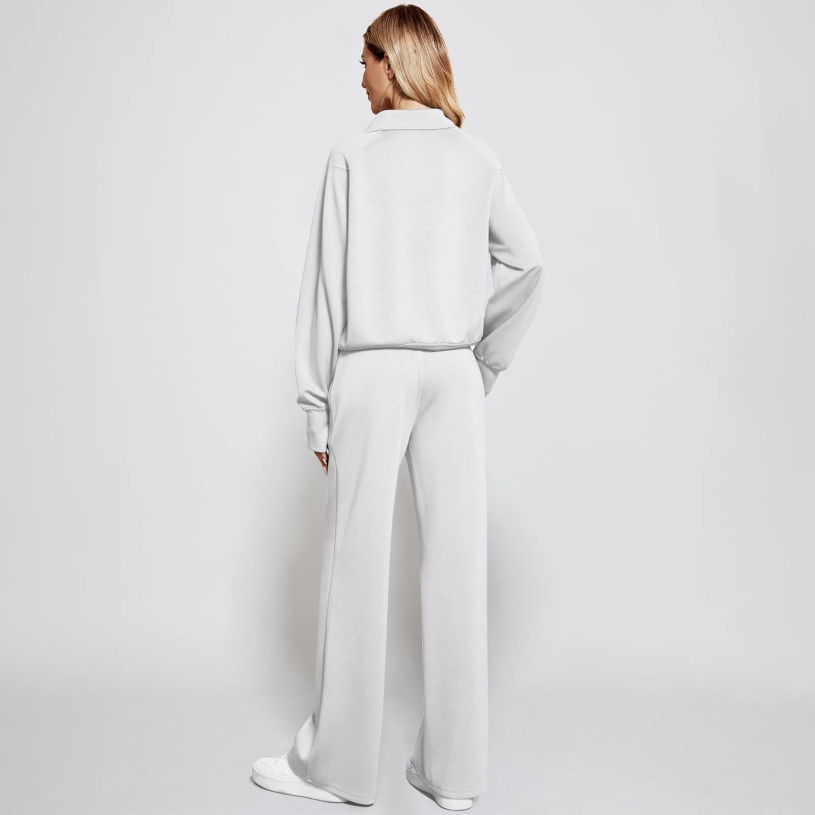 Ensemble de survêtement 2 pièces décontracté à manches longues pour femme - Haut avec fermeture éclair et grandes poches - Pantalon de jogging large avec cordon de serrage - Tenue de sport et de