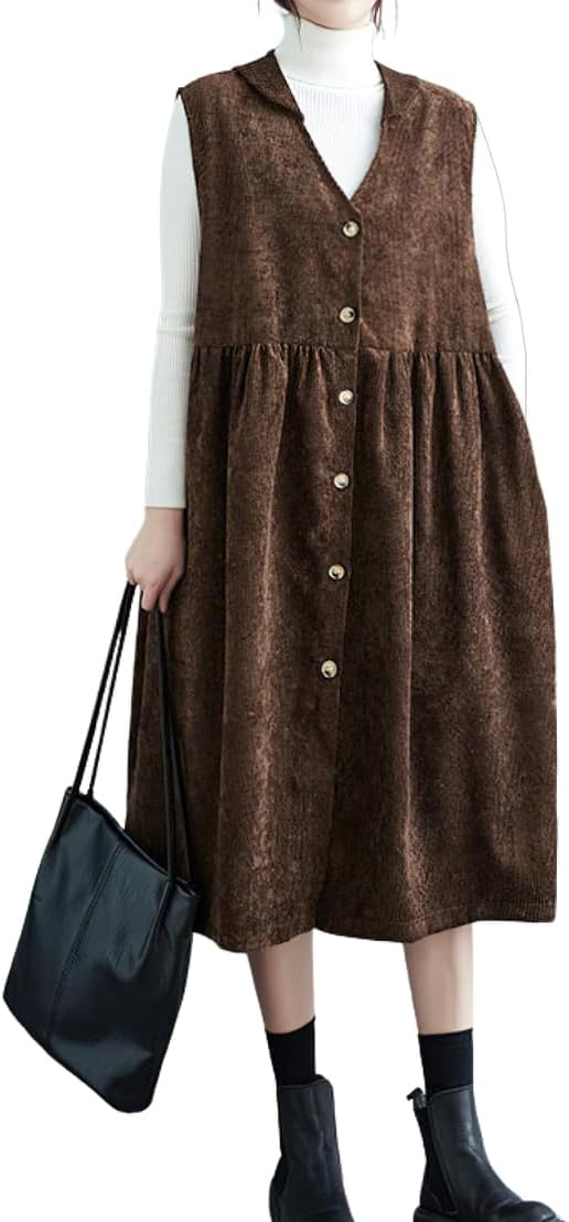 chouyatou Women Button Down Sleeveless Corduroy Overall Dress Jumper Midi Babydoll Tank Dress with Pocket