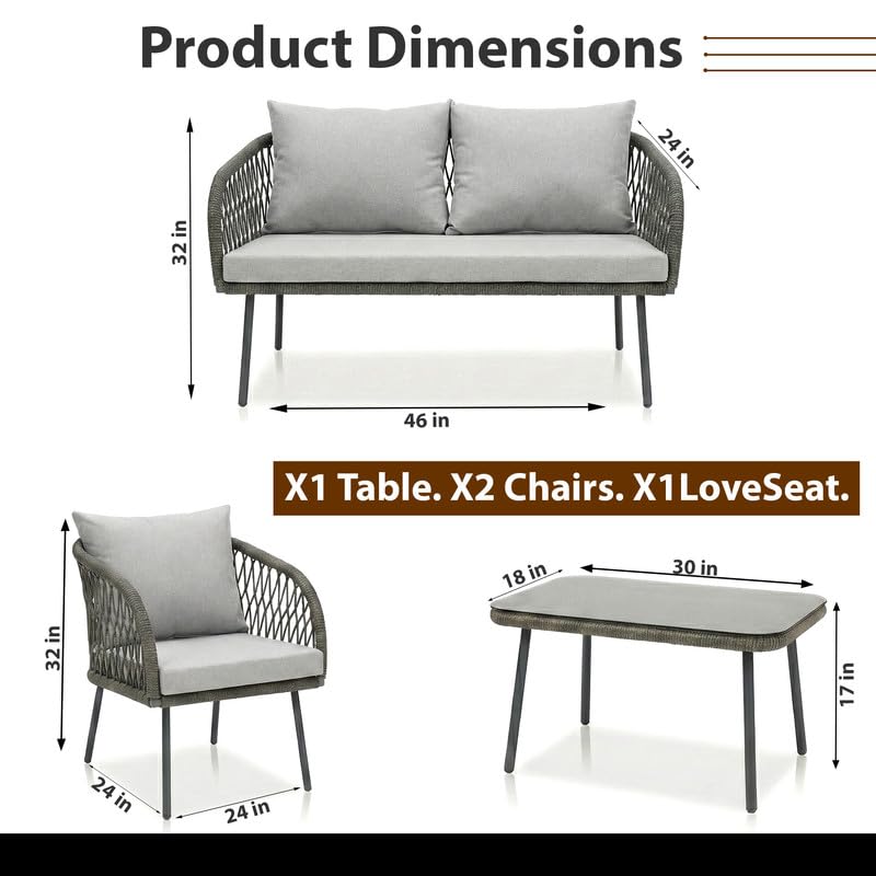 Image of OUTLIVING Braid Rope & Metal Frame Outdoor 4-Seater Sofa Set with Tempered Glass Top Center Table, Water-Repellent Cushions & Handwoven Design for Patio, Garden and Balcony (Grey)