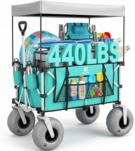 Navatiee Beach Wagon with Big Balloon Wheels for Sand, 200L Extra Large Beach Cart with Canopy, 440Lbs Heavy Duty Folding Wagon Collapsible with 9" Tires & Side Pocket for Beach, Outdoor, Light Blue
