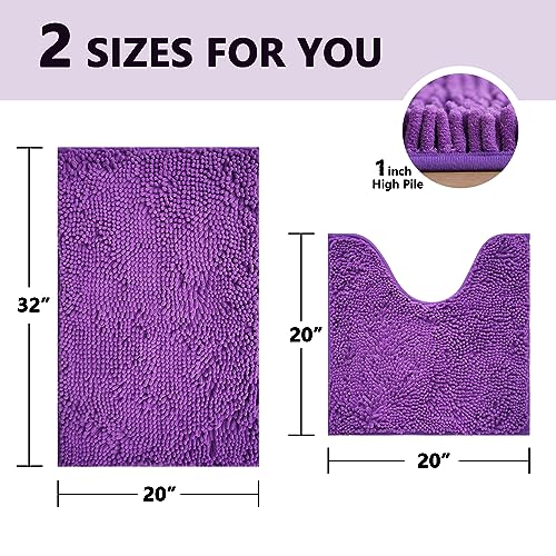 Image of BOANKODU Bathroom Rug Set, 2 Piece Chenille Bath Mat, Non-Slip, 32x20 Inch + 20x20 Inch U Shape, Machine Washable (Violet)