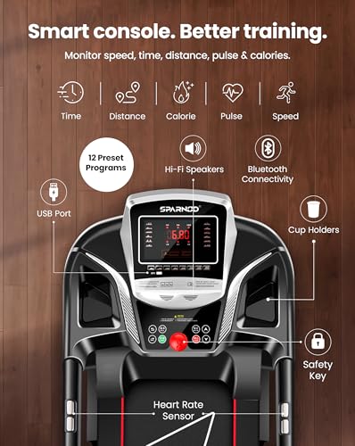 Image of Sparnod Fitness STH-1200 Motorized Treadmill for Home Use, 4 HP Peak DC Motor, Bluetooth,12 km /hr Speed, 110 kg Max User Weight, 12 Preset Workouts, Manual Incline, Hi-Fi Speaker, Safety Key