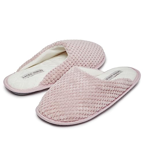 Laura Ashley Womens Plush Memory Foam Scuff Slippers, Fluffy Warm Micro Terry House Shoes, Comfy Slip On Bedroom Slipper2