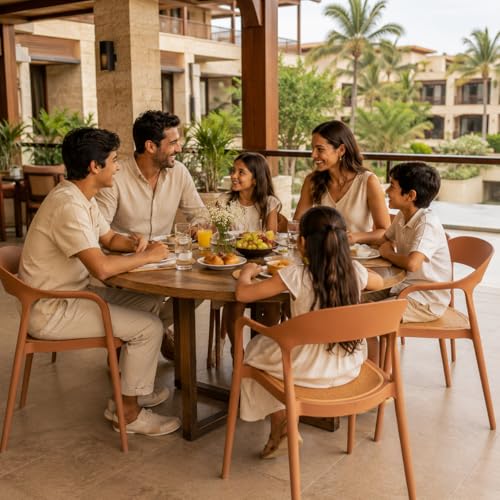Image of Rattan Style Outdoor Chair | Set of 6 Brown Plastic Arm Chair for Garden, Balcony, Patio & Cafe | Lightweight Weather Resistant Seating | 3 Year Manufacturing Warranty