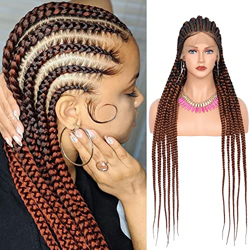 Fecihor 36" Full Head Lace Front Box Braided Cornrow Braids Lace Frontal Wig Synthetic Hand Braided Ombre Dark Brown Wigs with Baby Hair for Women (Ombre Dark Brown)