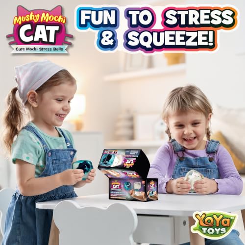 YoYa Toys MushyMochi Cat – Squishy Cubes 2-Pack – Fidget Cube Stress Balls with Mochi Cats – Cute Kawaii Stretch & Squeeze Squishies, Cool Cat Calming Sensory Toy – Great Gift for Kids - Boys & Girls
