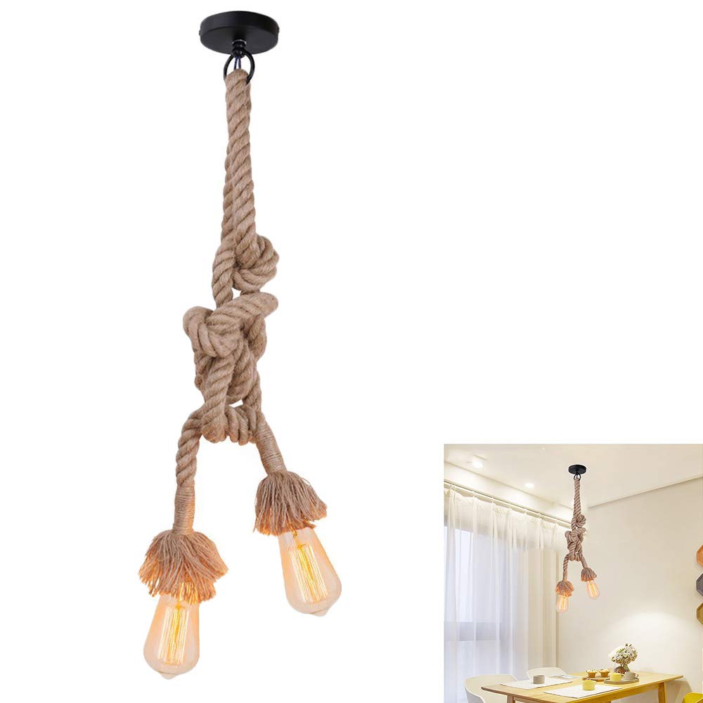 Chaozan 100Cm E27 Hemp Rope Hanging Pendant Light Double Head Vintage Ceiling Light Spider Lamp Suspension Retro Country Style Chandelier For Dining Bedroom Living Room Hall Restaurant Bar Cafe Hallway