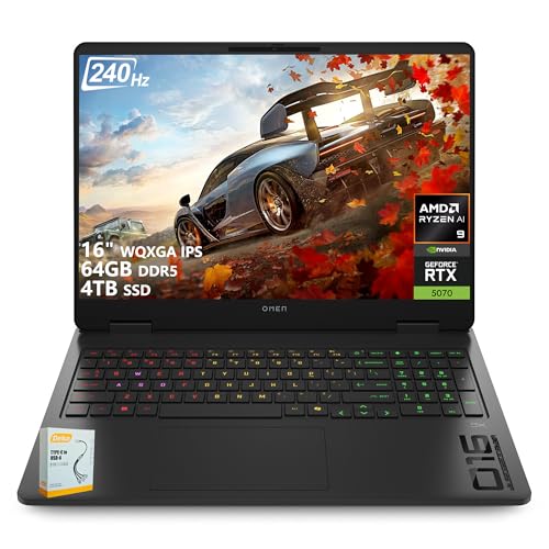 Image of HP OMEN 16 Gaming Laptop | 16 inch WQXGA 240Hz IPS 100% sRGB | AMD Ryzen AI 9 365 (50 NPU Tops) | 64GB DDR5 4TB SSD | GeForce RTX 5070 8 GB GDDR7 DLSS 4 | RGB Backlit Wi-Fi 6E Win11 w /DLCA Accessory