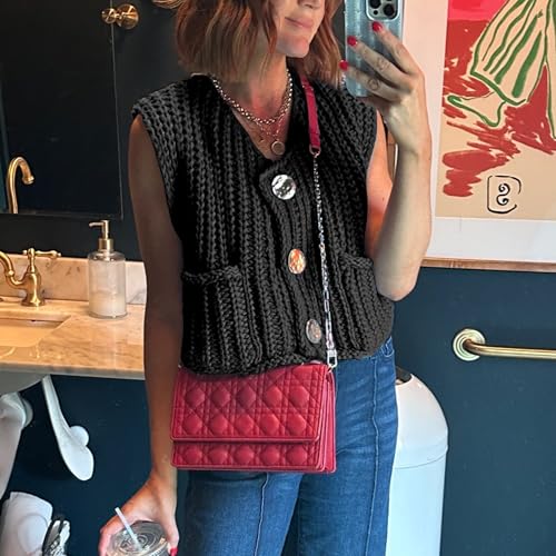 Image of Hixiaohe Womens Crochet Chunky Knit Top Sleeveless Button Down Crop Tops Trendy Cardigan Sweater Vest for Women with Pockets