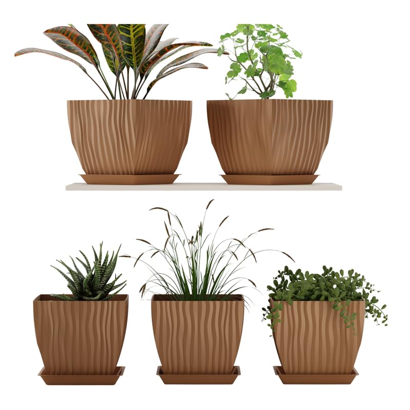 StyleX Store Plastic Square Flower Pots with Tray | Durable Outdoor Indoor Planters with Drainage Hole Saucers | Stylish Plant Containers for Home, Garden, Office, and Balcony (Set of 5, Chocolate)-image-38