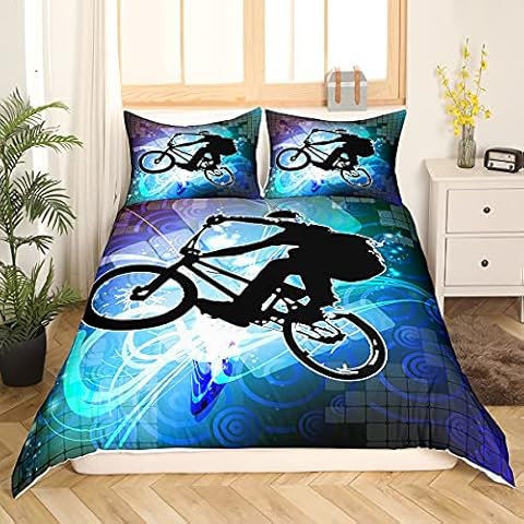 Loussiesd Kinder Teenager Bettwäsche Set Fahrrad Dirt Bike Muster Bettbezug Set Extremsportdesign Betten Set für Kinder Mädchen Jungen Dekorative Modern Cool 2-teilige Bettwäsche 155x220cm Cover