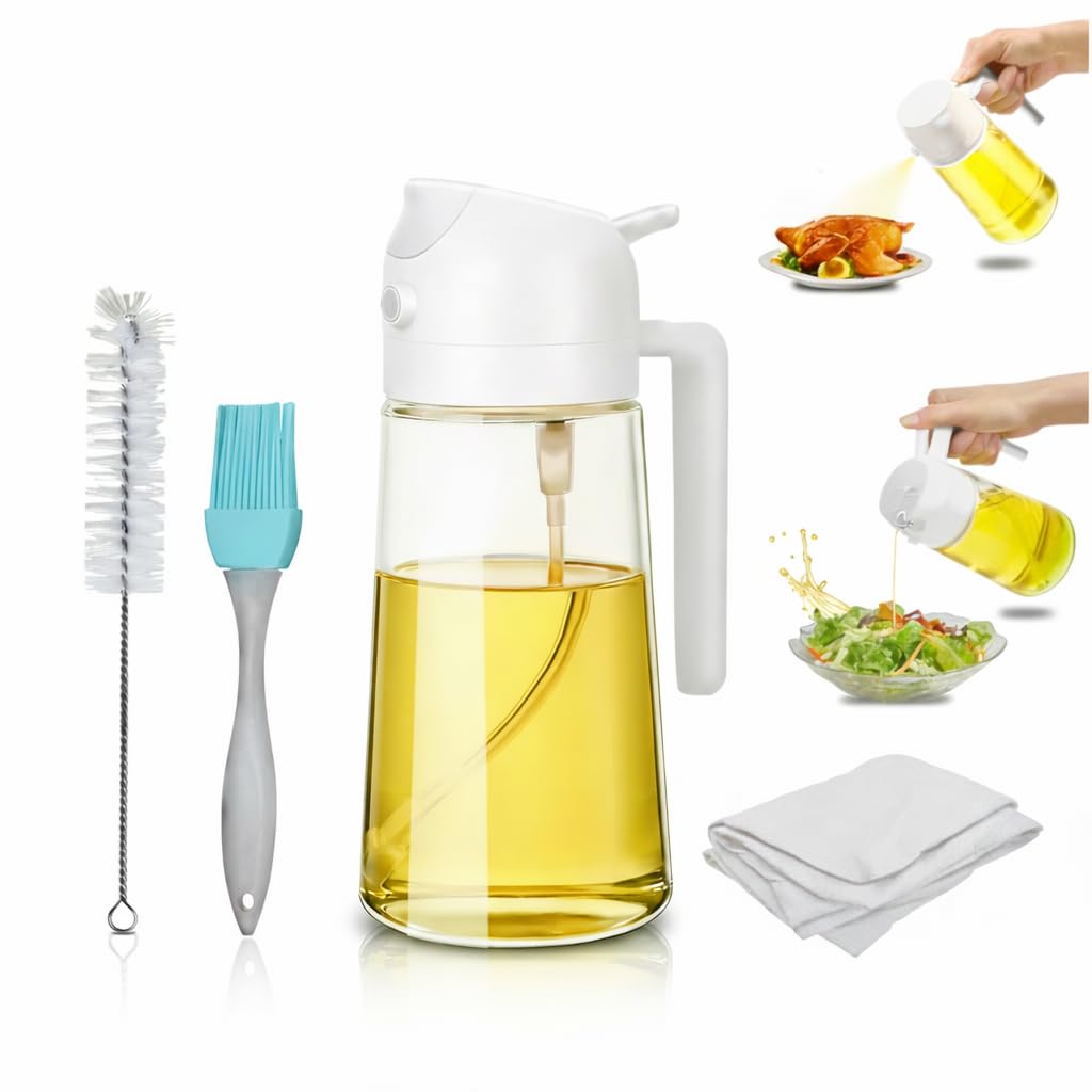 Trendicart 470ml 2-in-1 Glass Oil Spray Bottle Dispenser - Kitchen Gadgets to Make Cooking Easy Multipurpose Comes with Brush Cleaning Cloth, White