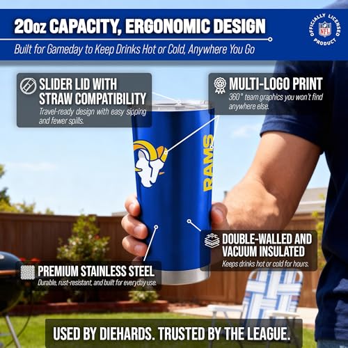 Image of Los Angeles Rams NFL 20oz Stainless Steel Insulated Tumbler, Slider Lid | Officially licensed Rams drinkware; double-wall vacuum construction; cupholder compatible; BPA-free; hand wash only