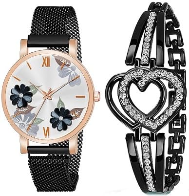 FEXME Premium Flower Design Analogue Watch for Girls Magnet Watch with Heart Shape Bracelet for Women & Girls | Pack of 2 (Black) (B0DF5R5NC5) Amazon Price History, Amazon Price Tracker
