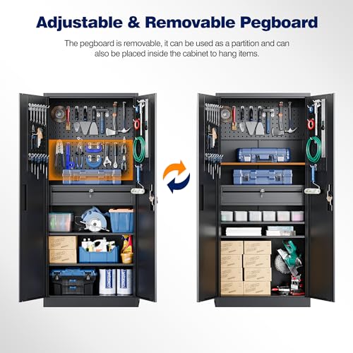 Image of Yizosh Metal Garage Storage Cabinet with Locking Doors and Drawers, Heavy Duty Steel Tool Cabinet with Pegboard, 71 inch - Lockable Cabinets for Garage, Warehouse, Basement (Black)