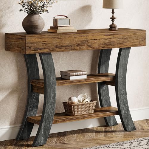 Tribesigns 41" Small Console Table for Entryway, 3-Tier Narrow Rustic Sofa Table with Storage Shelves and Curved Frame for Living Room, Entry, Hallway, Foyer (Brown & Grey)