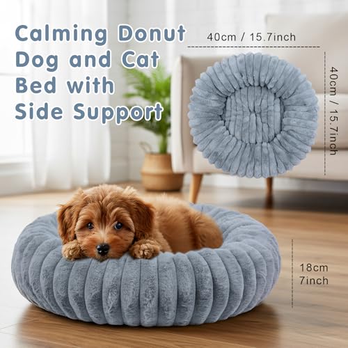 Qoosea Hundebett Katzenbett Flauschig, Dickes Donut Hundekissen mit Nackenstütze, Waschbar Hundedonut mit Rutschfester Unterseite, Hundebetten für Kleine Hunde und Katzen Grau 40 cm