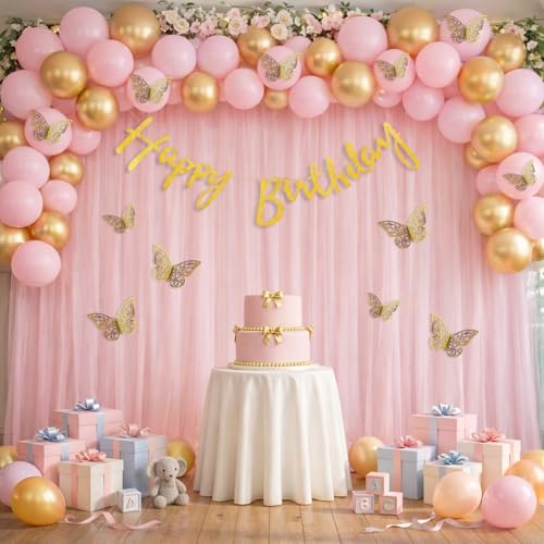 Image of Party Propz Butterfly Theme Happy Birthday Decoration Kit -47 Pcs, Birthday Decoration Items with Light Pink Curtains, Golden Happy Birthday Banner, Balloons for Birthday Decoration (Cardstock, Latex)