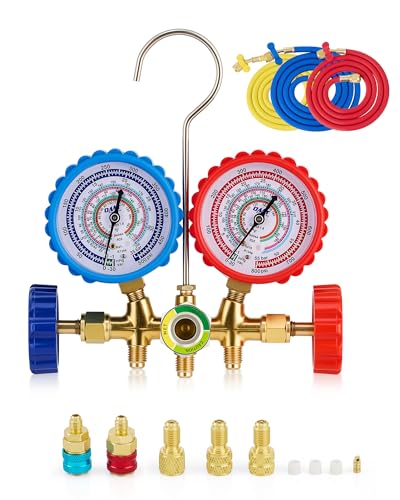 Orion Motor Tech AC Gauge Set, 3 Way AC Manifold Gauge Set for R134a R410a R22 R404a Refrigerant Recharge with Shockproof HVAC Gauge Rubber Casings R134a Couplers R410a Adapters 29° Adapter