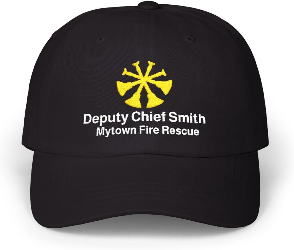 4 Bugles Custom Baseball Cap 2 Lines of Personalized Text Deputy Chief Assistant Firefighter Assit Hat Multiple Color Options Fire Uniform Fireman Duty Black